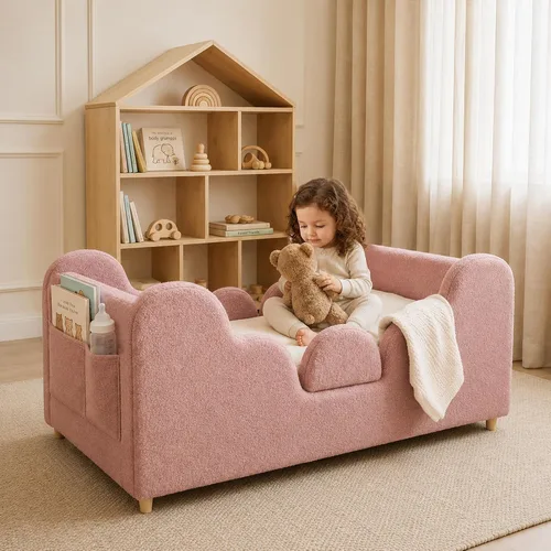 Vista 11 de Cama de suelo para niños pequeños, cama Montessori suave con rieles extraíbles