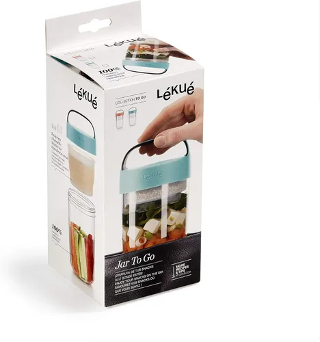 Vista 2 de Lékué Jar-To-Go - Tarro de viaje de 2 piezas, 20 onzas, coral, 100% hermético, para aperitivos, sopas, almuerzos con aderezos/aderezo, apto