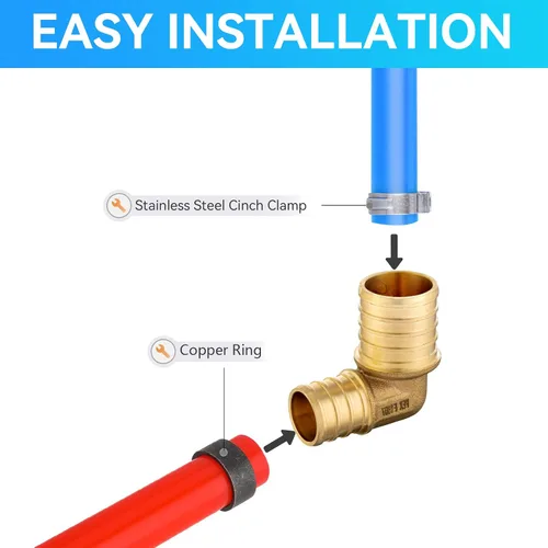 Vista 2 de Paquete de 10 codos reductores de crimpado GUOFIS PEX, 3/4" x 1/2" LF latón PEX montaje codo de 90 grados para tubería Pex (PEX1807064-10)