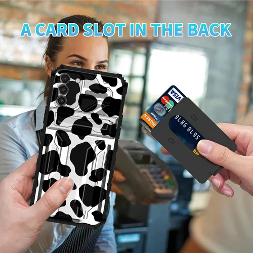 Vista 5 de Funda para Galaxy S21 FE 5G 2022 con soporte, funda de doble capa de policarbonato duro de TPU suave, estampado de vaca, estampado animal