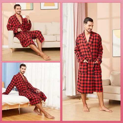 Vista 6 de FashGudim Bata de algodón a cuadros para hombre, ligera, con cuello de chal, kimono, ropa de dormir, ropa de descanso, batas de casa