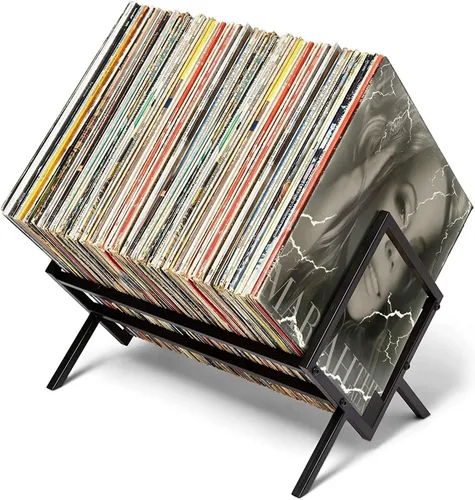 Vista 7 de Soporte para discos de vinilo, organizador de vinilo 80-110 LP, estante de almacenamiento de álbumes de metal para libros, álbumes, revistas