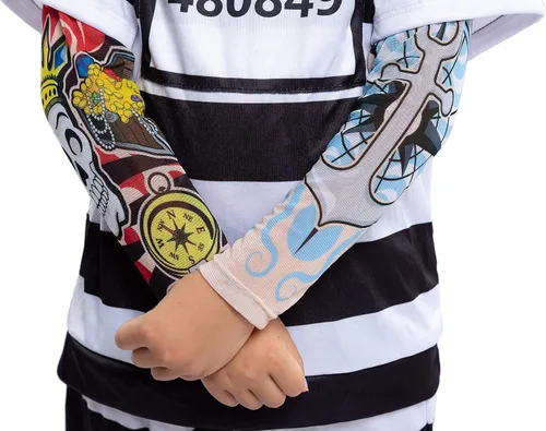 Vista 4 de Disfraz de prisionero de Halloween con manga de tatuaje y esposas de juguete para niños