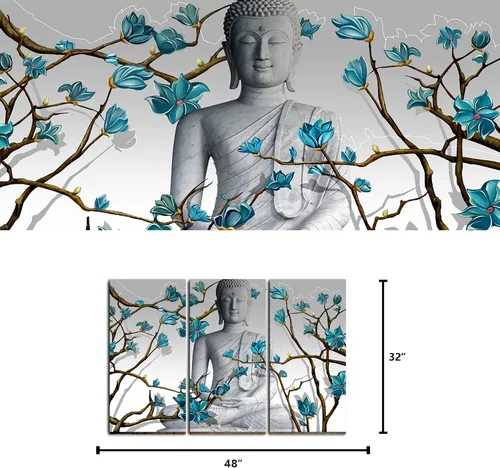 Vista 5 de Visual Art Decor 3 piezas de arte de pared de Buda estatua de Buda con flores azules abstractas, impresiones en lienzo para sala de estar