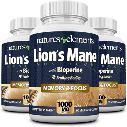 Vista 9 de Natures Elements Hongo melena de león con BioPerine – Extracto 10:1 – 1000 mg melena de león + 10 mg de bioperina – 30% polisacáridos – 60 cápsulas