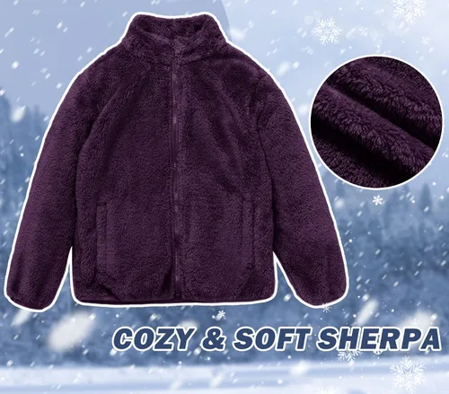 Vista 5 de SOLOCOTE Abrigos de forro polar Sherpa de manga larga con cremallera completa para niños y niñas