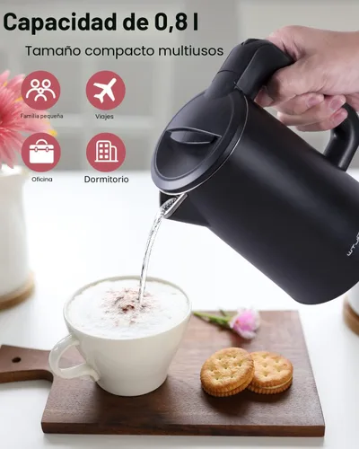 Vista 2 de Hervidor eléctrico de acero inoxidable de 0.8L, hervidor eléctrico pequeño de 800 vatios de 27 onzas de ebullición rápida con apagado automático