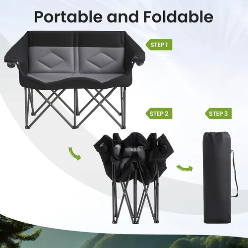 Vista 5 de Silla plegable doble de camping para 2 personas, resistente y de gran tamaño, soporta 800 libras con portavasos y bolsillo lateral para campamento