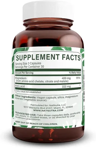 Vista 2 de Natural Nutra Suplemento de mega magnesio de aminoácidos malato, quelato, citrato, mejora la fuerza ósea 400 mg, 90 cápsulas