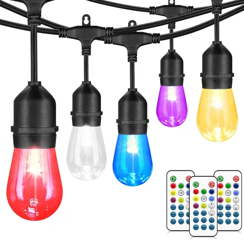 Vista 12 de Mlambert Luces de patio al aire libre de 48 pies, impermeables, regulables con control remoto, cadena de luces LED RGB Cafe con 15 bombillas Negro