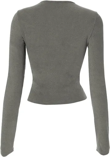 Vista 2 de Camisas de manga larga para mujer, ajustadas, casuales, básicas, para salir, ajustadas, cuello redondo, parte inferior ajustada