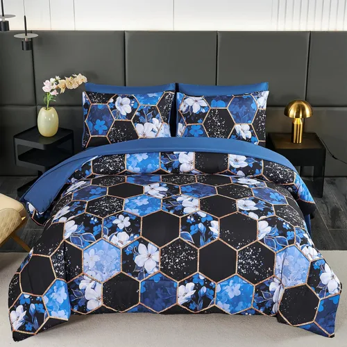 Vista 10 de ZRNBAST - Juego de edredón de nido de abeja negro de tamaño completo de 7 piezas, ropa de cama hexagonal suave y ligera, de mármol para todas