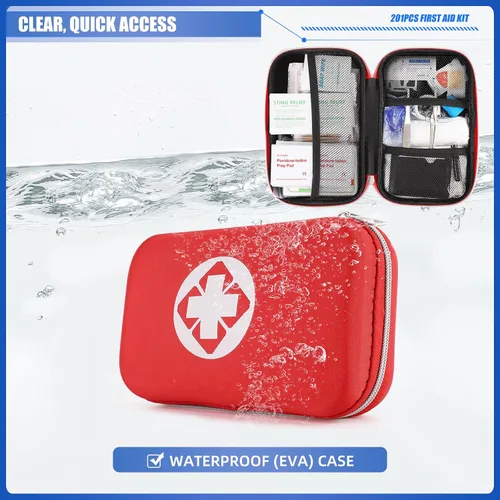 Vista 4 de Mini kit de primeros auxilios de viaje, kit de emergencia con 201 piezas de suministros de primeros auxilios y bolsa compacta impermeable, kit
