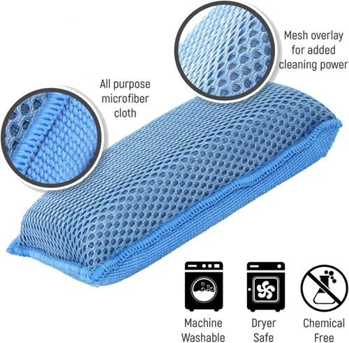 Vista 3 de Scrub-It - Esponja de cocina de microfibra Miracle - Esponjas de limpieza resistentes para lavavajillas que no rayan, lavables a máquina, (azul)