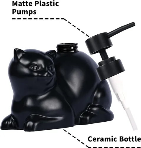 Vista 2 de Dispensador de jabón con forma de gato negro, dispensador de jabón de cerámica divertido, aceite esencial recargable de 15 onzas, dispensador