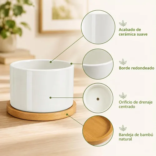 Vista 4 de ZOUTOG Macetas de Cerámica para Suculentas, Macetas de 4 Pulgadas, Macetas para Suculentas con Orificio de Drenaje y Bandeja de Bambú para Plantas