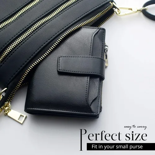 Vista 2 de Bveyzi - Billetera pequeña de cuero para mujer con bloqueo RFID, de dos pliegues con cremallera, con ranuras para tarjetas de crédito y ventana