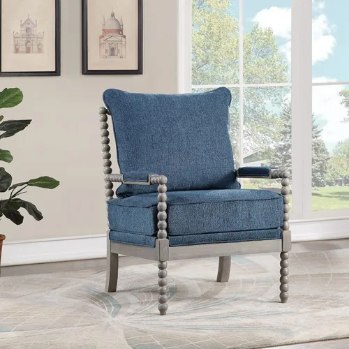 Vista 2 de OSP Home Furnishings Abbott Spindle - Silla decorativa con asiento acolchado de resorte y base gris cepillado, tela azul celeste