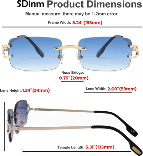 Vista 5 de Rimless Sunglasses for Men Women Small Narrow Rectangle Sunglasses 2 piezas: azul degradado+marrón degradado