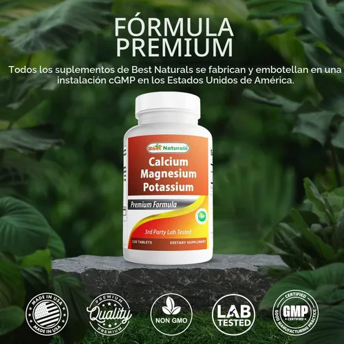 Vista 5 de Best Naturals Calcio Magnesio Potasio - 120 Tabletas - Sin OGM y Sin Gluten