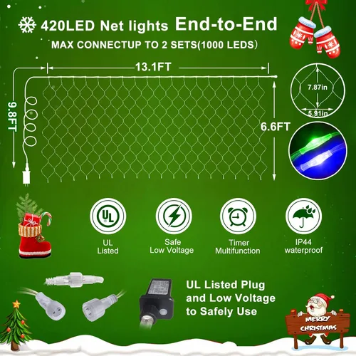Vista 5 de KNONEW Paquete de 2 Luces de Red de Navidad de 420 LEDs de 13 pies x 6.6 pies, Luz de Malla para Exteriores Conectable Impermeable con 8 Modos