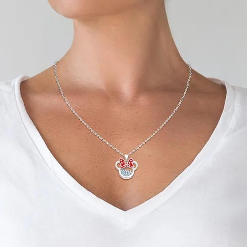 Vista 2 de Disney Women and Girls Birthstone Jewelry - Minnie Mouse Cubic Zirconia Shaker Pendant Necklace, Silver Plated, 18+2" Extender