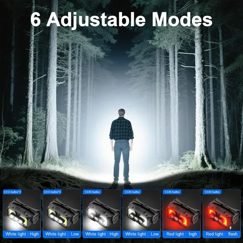 Vista 3 de Linterna frontal recargable con sensor de movimiento, impermeable, LED, recargable, con luz roja, ajustable en 120°, para adultos, niños, al aire
