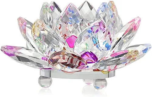 Vista 17 de Loto de cristal transparente, flor de cristal brillante con caja de regalo, reflejo de tono, purpurina, paz, pureza, buena fortuna, sabiduría