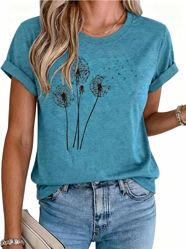 Vista 10 de MaQiYa - Camiseta de verano con estampado de diente de león para mujer, diseño vintage Negro