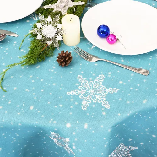 Vista 2 de Mantel bordado de copos de nieve para Navidad (azul claro, redondo de 70 pulgadas)
