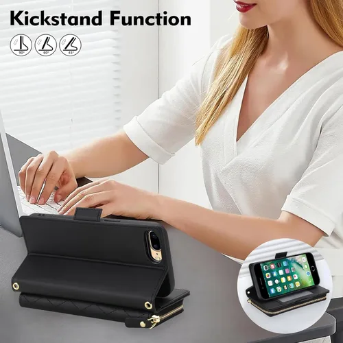 Vista 2 de Asuwish Funda compatible con iPhone 6/6s/7/8/SE 2020 2022 con cremallera y bloqueo RFID, protector de pantalla, correa cruzada i6 i7 i8 7s 8s SE2020