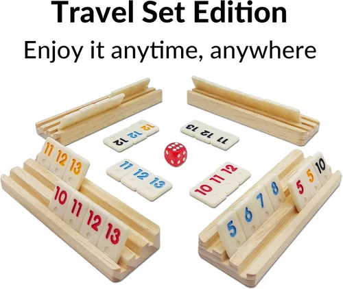 Vista 2 de Mini Travel Rummy Cube Set con 4 estantes de madera, 106 fichas de juego Rummy con estuche portátil para juegos de mesa clásicos en familia