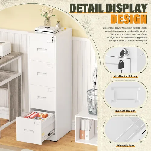 Vista 4 de Greenvelly Archivador de 4 cajones con cerradura, archivador de metal para oficina en casa, archivador vertical con bloqueo, archivador de 18 Blanco