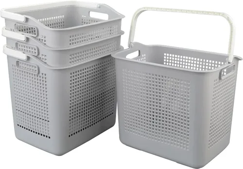 Vista 7 de Paquete de 4 cestas de plástico para ropa sucia de 35 L, cesta de almacenamiento con asa, color gris