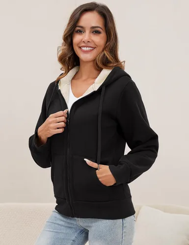 Vista 4 de Gihuo Sudadera con capucha con forro de sherpa para mujer, con cremallera, cálida y cómoda chaqueta de forro polar con capucha