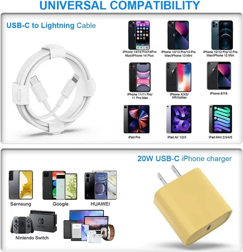 Vista 6 de Paquete de 3 cargadores rápidos para iPhone 14 13 12 11, certificado Apple MFi: cargador de pared USB C de 20 W PD de 6 pies, adaptador de carga