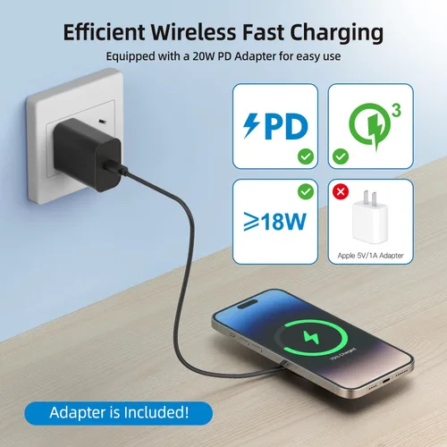 Vista 6 de Cargador inalámbrico, 6.5 pies/6.6 ft 15 W Max Fast Magnetic Wireless Charging Pad compatible con iPhone 16/15/14/13/12 con convertidor USB-A, negro