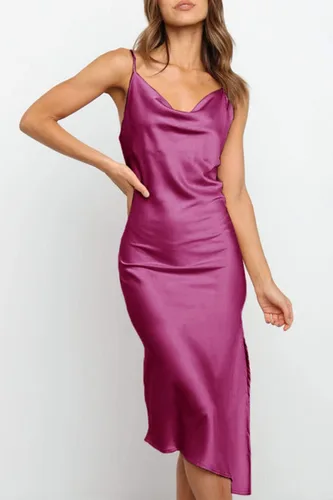 Vista 4 de PRETTYGARDEN Vestido de satén para mujer, sin mangas, con tirantes delgados, abertura lateral, cuello vuelto, midi