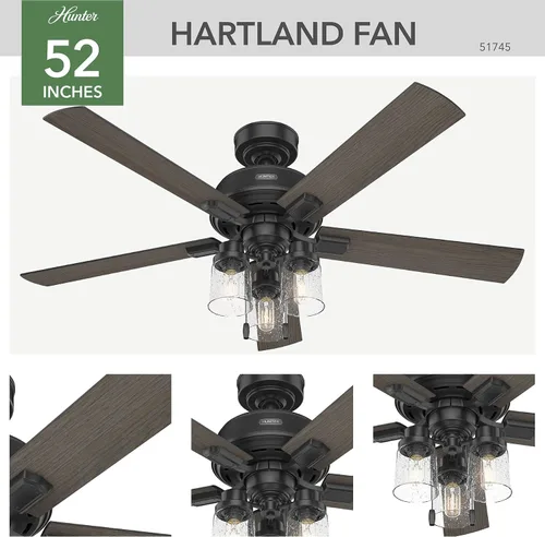 Vista 6 de Hunter Hartland 51745 - Ventilador de techo interior de 52 pulgadas con luces LED, para dormitorio, sala de estar o cocina, montaje estándar, sin