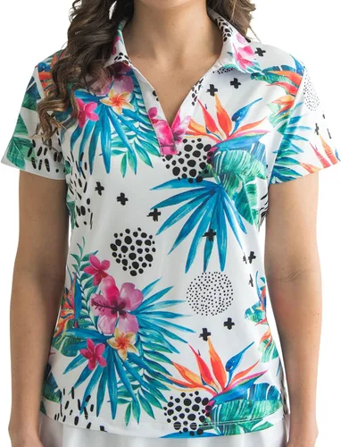 Vista 32 de YATTA GOLF Polo de golf prémium para mujer, ligero, de secado rápido, resistente a las arrugas y absorbe la humedad Aloha Sunrise