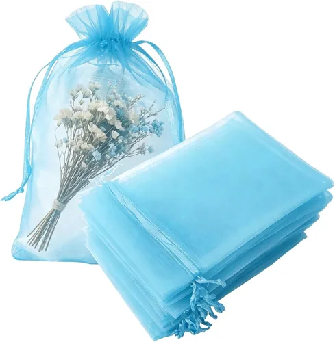 Vista 16 de Juego de 50 bolsas de organza de regalo con cordón azul aguamarina de 4 x 6 pulgadas para baby shower, Navidad, boda, recuerdos de fiesta, despedida