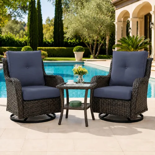 Vista 13 de HUMMUH Juego de 2 Sillas Giratorias Mecedoras de Mimbre para Patio Exterior, Juego de Muebles de Sillas Mecedoras de Ratán (Marrón, Azul) 50,000
