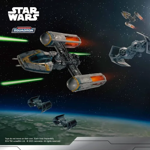 Vista 3 de Star Wars Micro Galaxy Squadron Gold Leader's Y-Wing - Vehículo de clase Starfighter de 5 pulgadas con accesorios de micro figura Jon Vander
