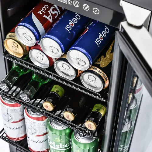 Vista 4 de IOCCIOBB Mini refrigerador de 15 pulgadas, gabinete de vino y bebidas, 120 latas, 34-65°F, silencioso, estantes ajustables, iluminación LED, ETL