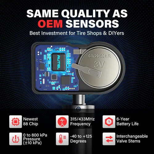Vista 6 de Autel Juego de 4 sensores TPMS, sensor 1MX de 2 pulgadas 315 MHz + 433 MHz de frecuencia dual, sensor OEM de reemplazo 100% programable, funciona