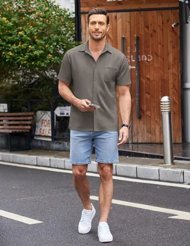 Vista 4 de COOFANDY Camisas casuales con botones para hombre, de manga corta, ajuste regular, sin pliegues, de punto, texturizadas
