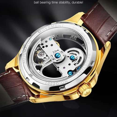 Vista 2 de OLEVS Relojes mecánicos automáticos para hombre, reloj esqueleto, impermeable, correa de cuero marrón, negro, oro rosa, relojes de pulsera
