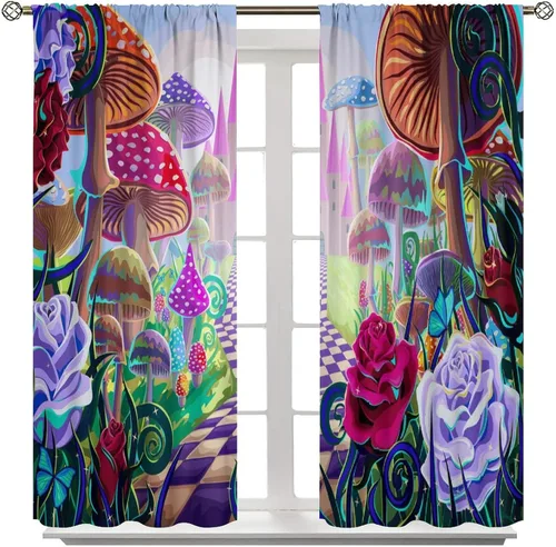 Vista 26 de Cortinas semitraslúcidas de hongos, estilo bohemio, plantas místicas, sol, luna, tratamiento de ventana para dormitorio, sala de estar, cocina