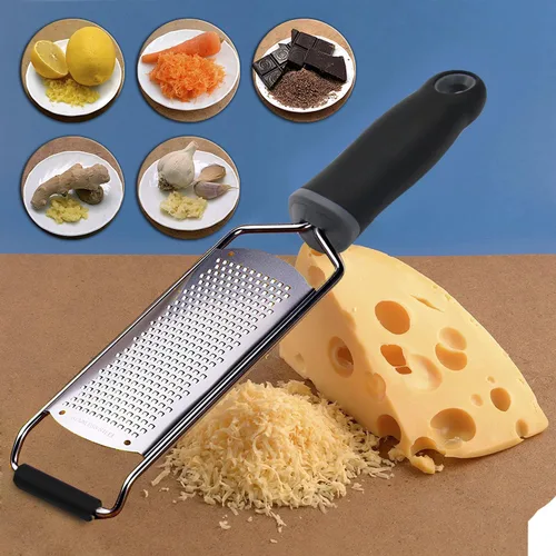 Vista 3 de Rallador de queso de acero inoxidable, mango suave ergonómico, limón, jengibre, patata con cubierta de plástico