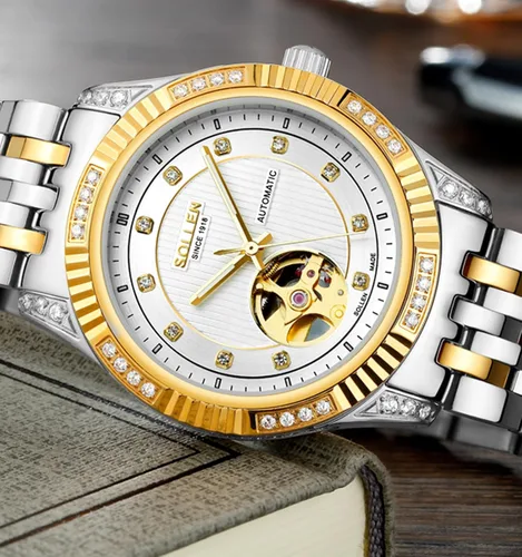 Vista 2 de SOLLEN Men's Skeleton Mechanical Watch, Classic and Business Automatic Mechanical Watch, Elegant Men's Wrist Watch